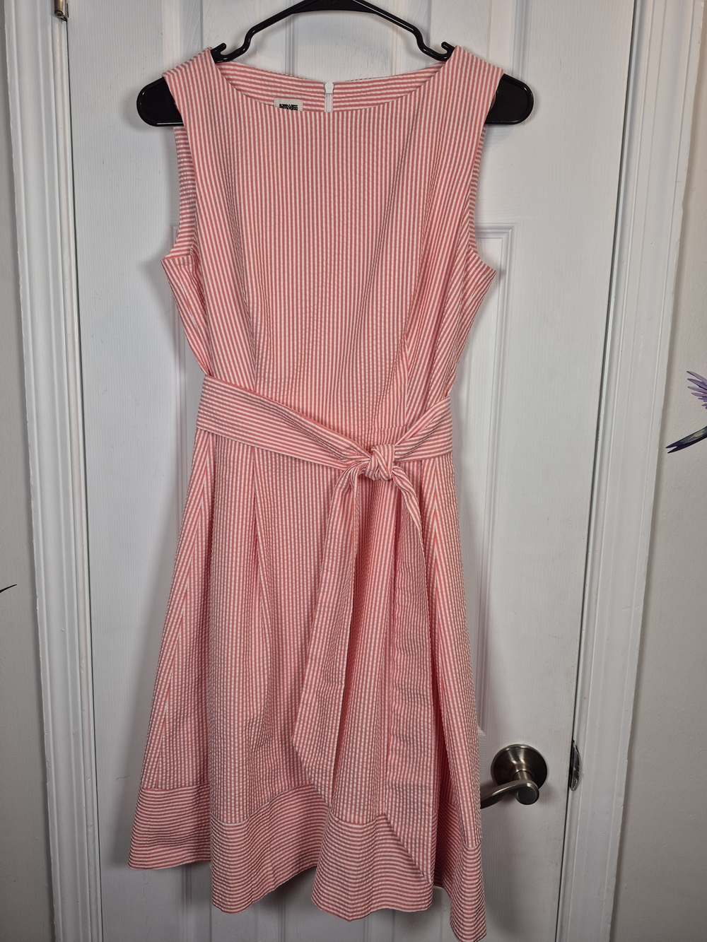 Anne Klein Pink White Striped Seersucker Fit & Flare Dress Belted Size 6